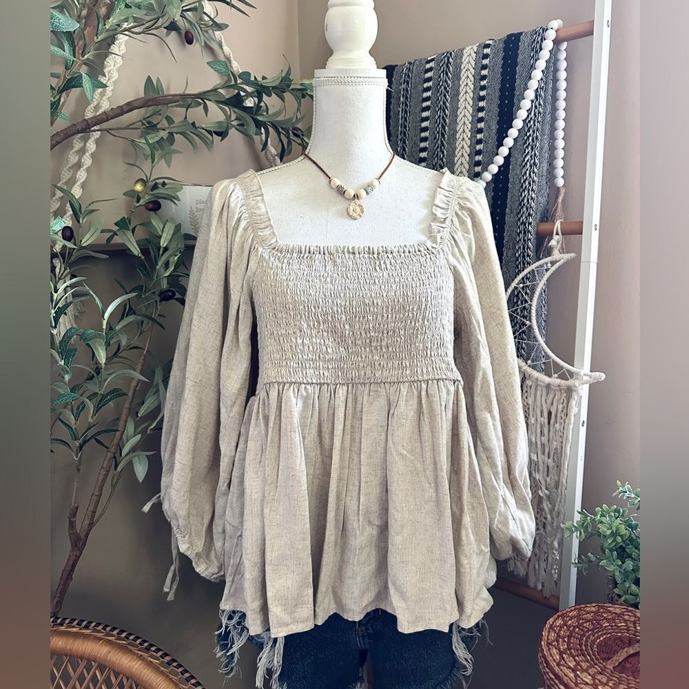 Grace + Karma Viscose/Linen Blend Smocked Flowy Balloon Tie Sleeve Blouse